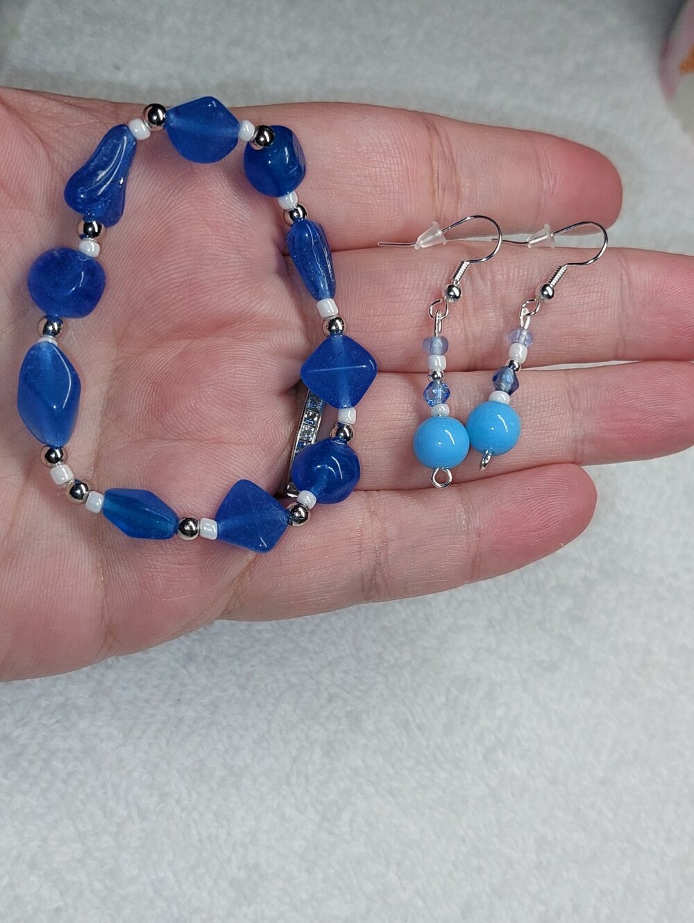 Handmade Blue Glass Bead Bracelet and Earrings Set #cowboys